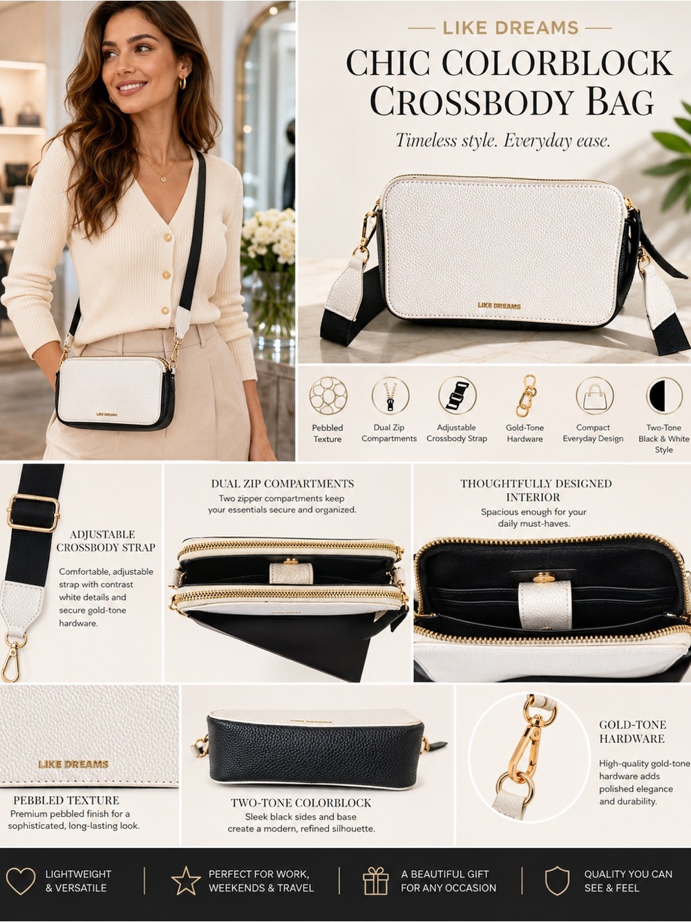 Like Dreams - Chic Colorblock Crossbody Bag - Black & White